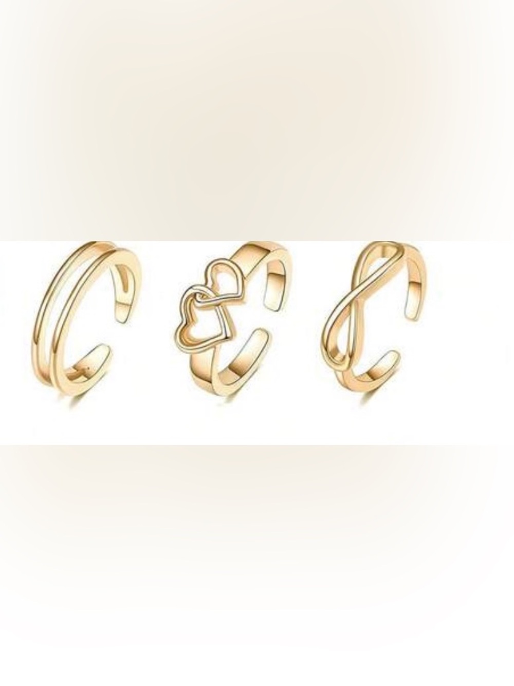Gold Tone Open Band Toe Rings Set of 3 - Heart, Infinity & Double Band